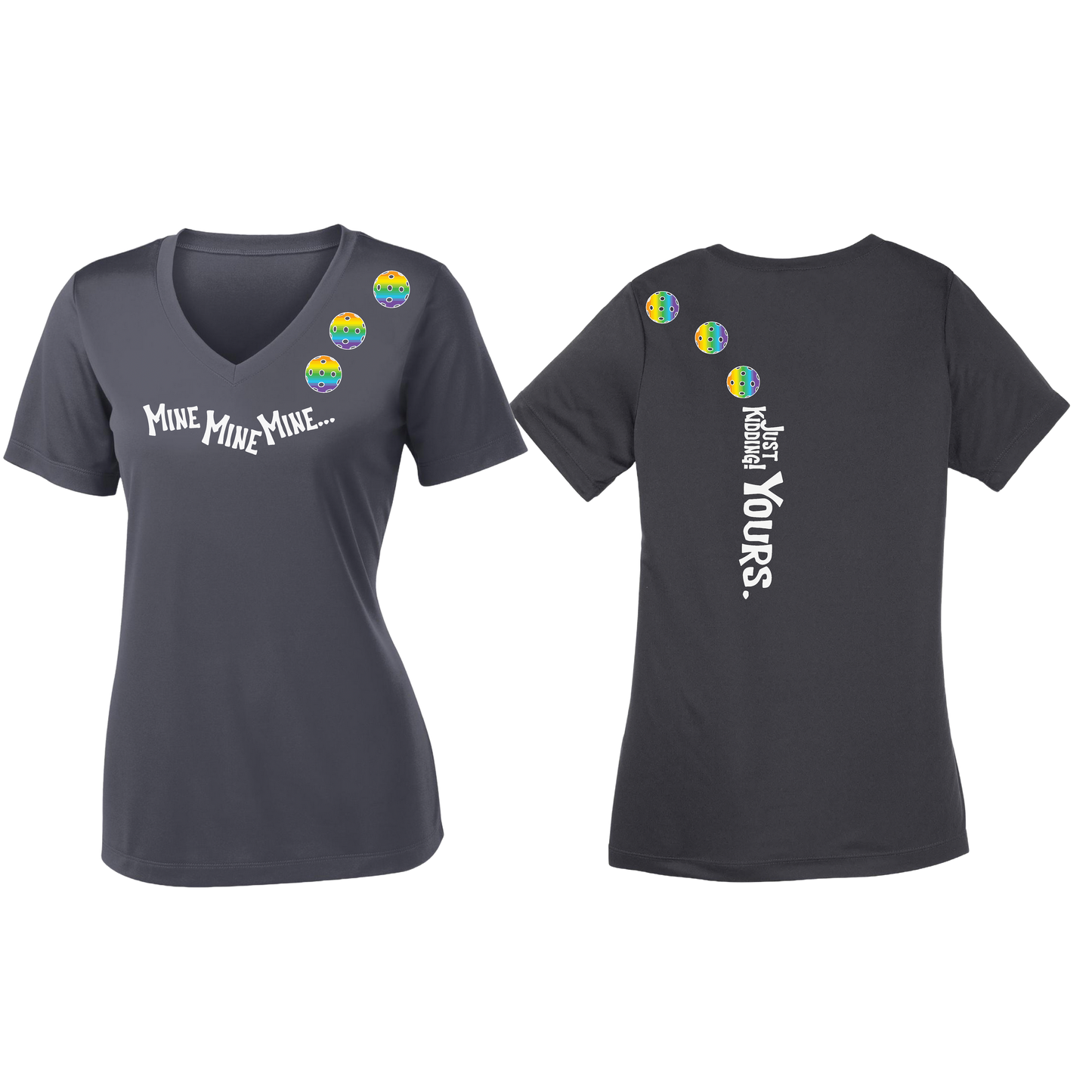 Mine JK Yours (Pickleballs Pink Purple Rainbow) | Women's Short Sleeve V-Neck Pickleball Shirts | 100% Polyester