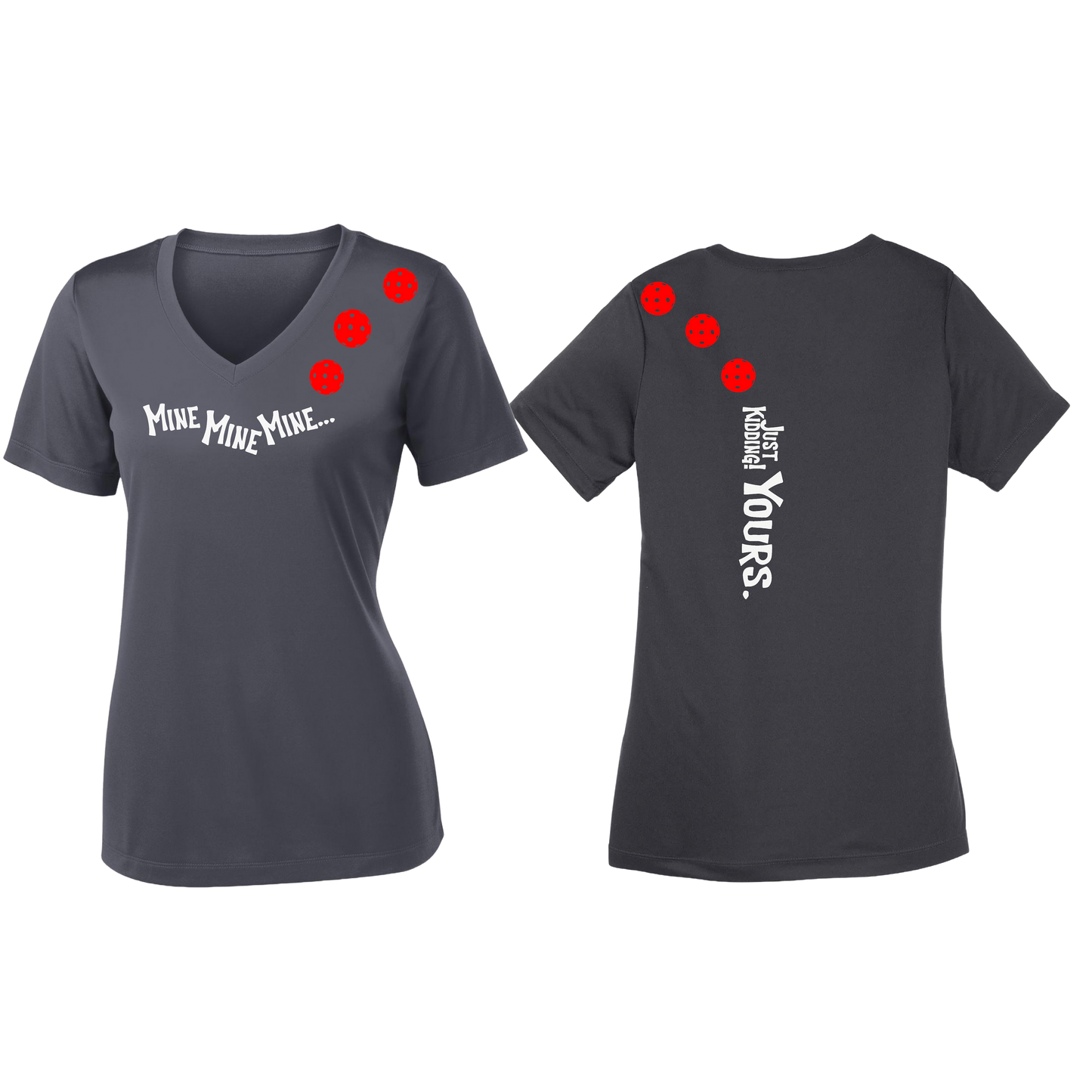 Mine JK Yours (Pickleballs Red White Yellow) | Women's Short Sleeve V-Neck Pickleball Shirts | 100% Polyester