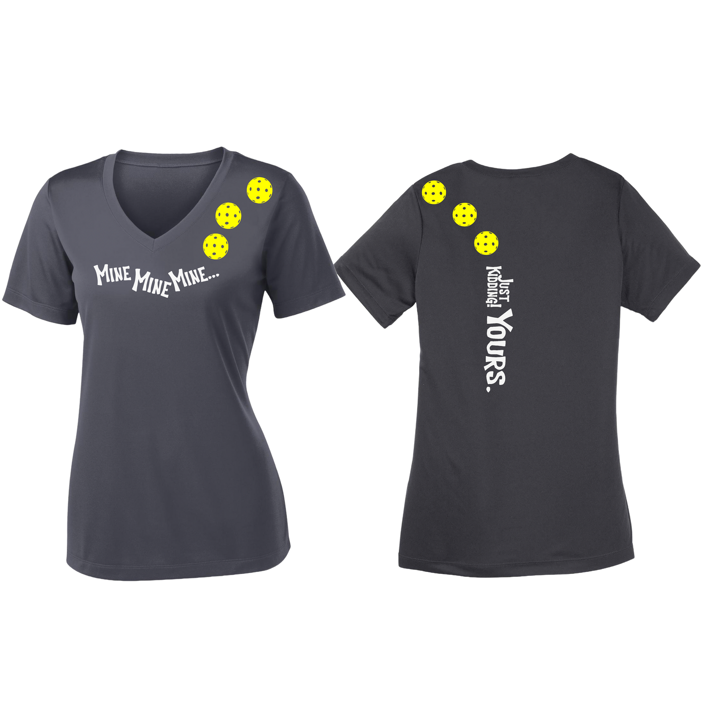 Mine JK Yours (Pickleballs Red White Yellow) | Women's Short Sleeve V-Neck Pickleball Shirts | 100% Polyester