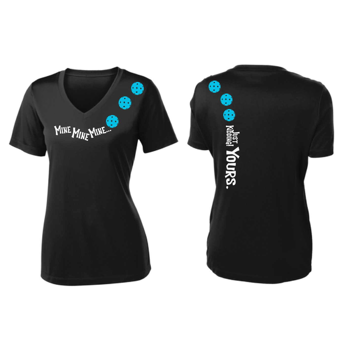 Mine JK Yours (Pickleballs Cyan Green Orange) | Women's Short Sleeve V-Neck Pickleball Shirts | 100% Polyester