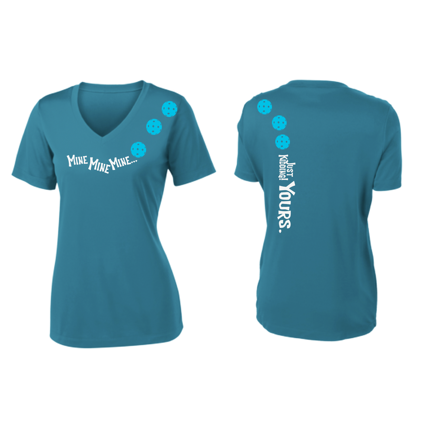 Mine JK Yours (Pickleballs Cyan Green Orange) | Women's Short Sleeve V-Neck Pickleball Shirts | 100% Polyester