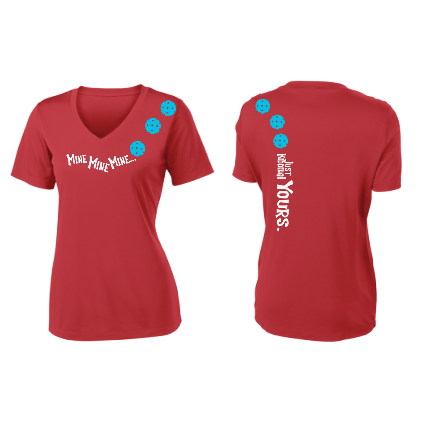 Mine JK Yours (Pickleballs Cyan Green Orange) | Women's Short Sleeve V-Neck Pickleball Shirts | 100% Polyester