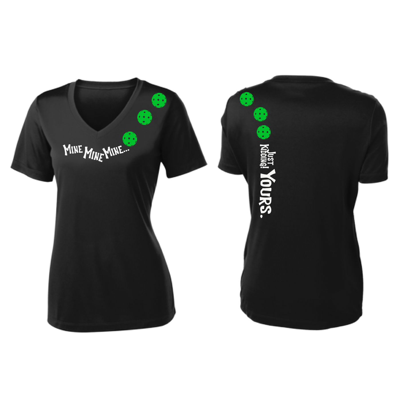 Mine JK Yours (Pickleballs Cyan Green Orange) | Women's Short Sleeve V-Neck Pickleball Shirts | 100% Polyester