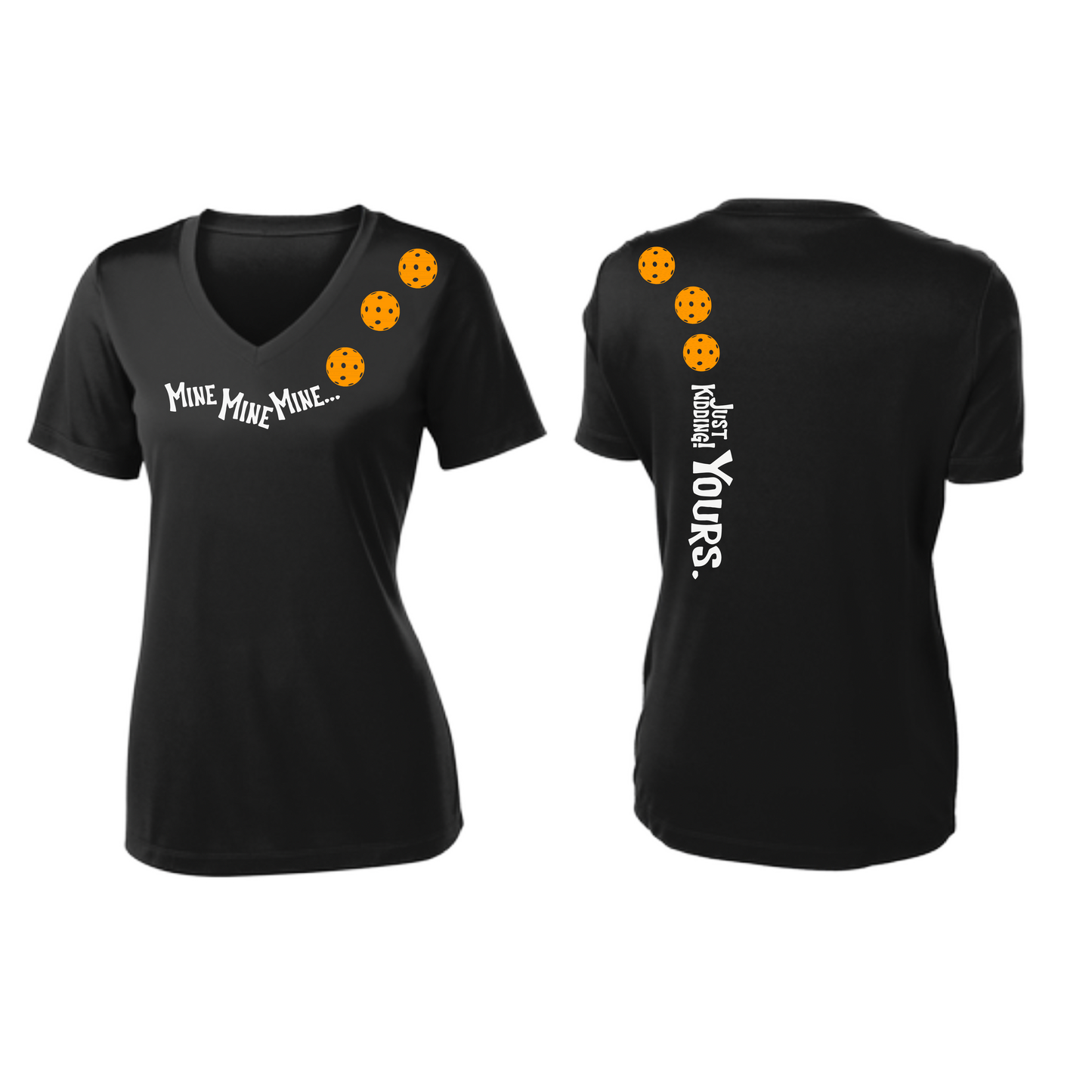 Mine JK Yours (Pickleball Colors Orange Yellow or Red) | Women's Short Sleeve V-Neck Pickleball Shirts | 100% Polyester