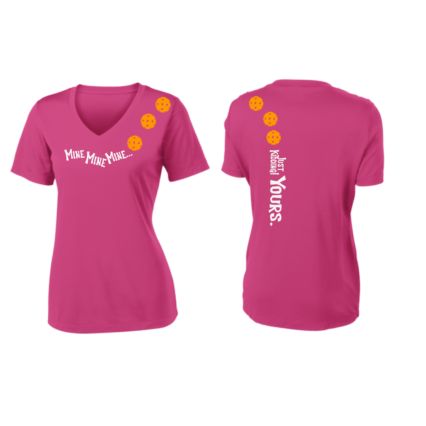 Mine JK Yours (Pickleball Colors Orange Yellow or Red) | Women's Short Sleeve V-Neck Pickleball Shirts | 100% Polyester