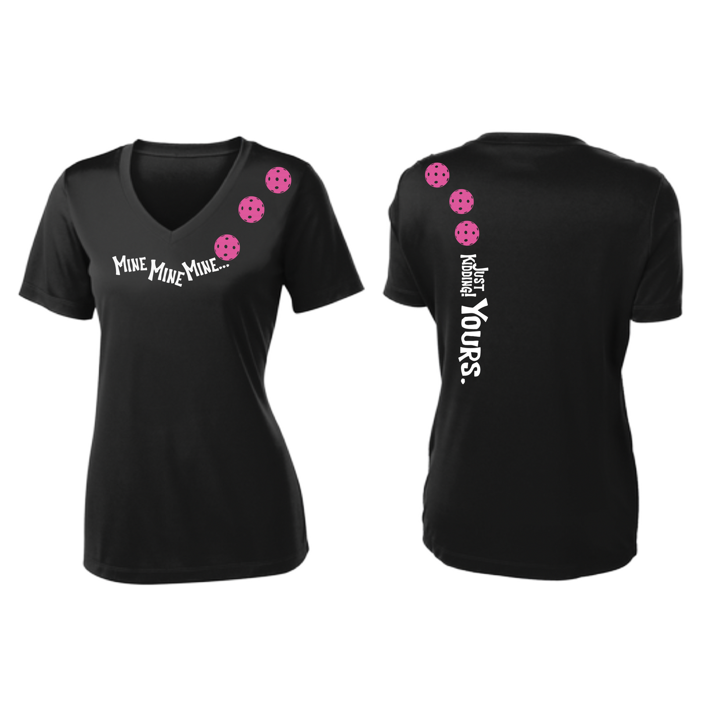 Mine JK Yours (Pickleballs Pink Purple Rainbow) | Women's Short Sleeve V-Neck Pickleball Shirts | 100% Polyester