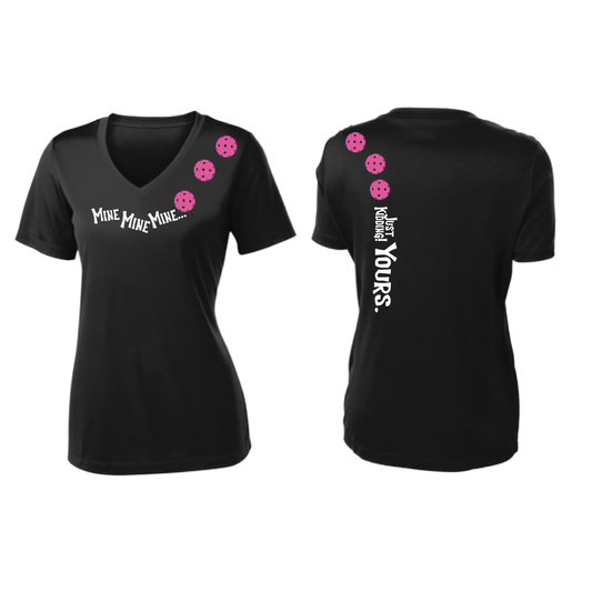 Mine JK Yours (Pickleballs Pink Purple Rainbow) | Women's Short Sleeve V-Neck Pickleball Shirts | 100% Polyester