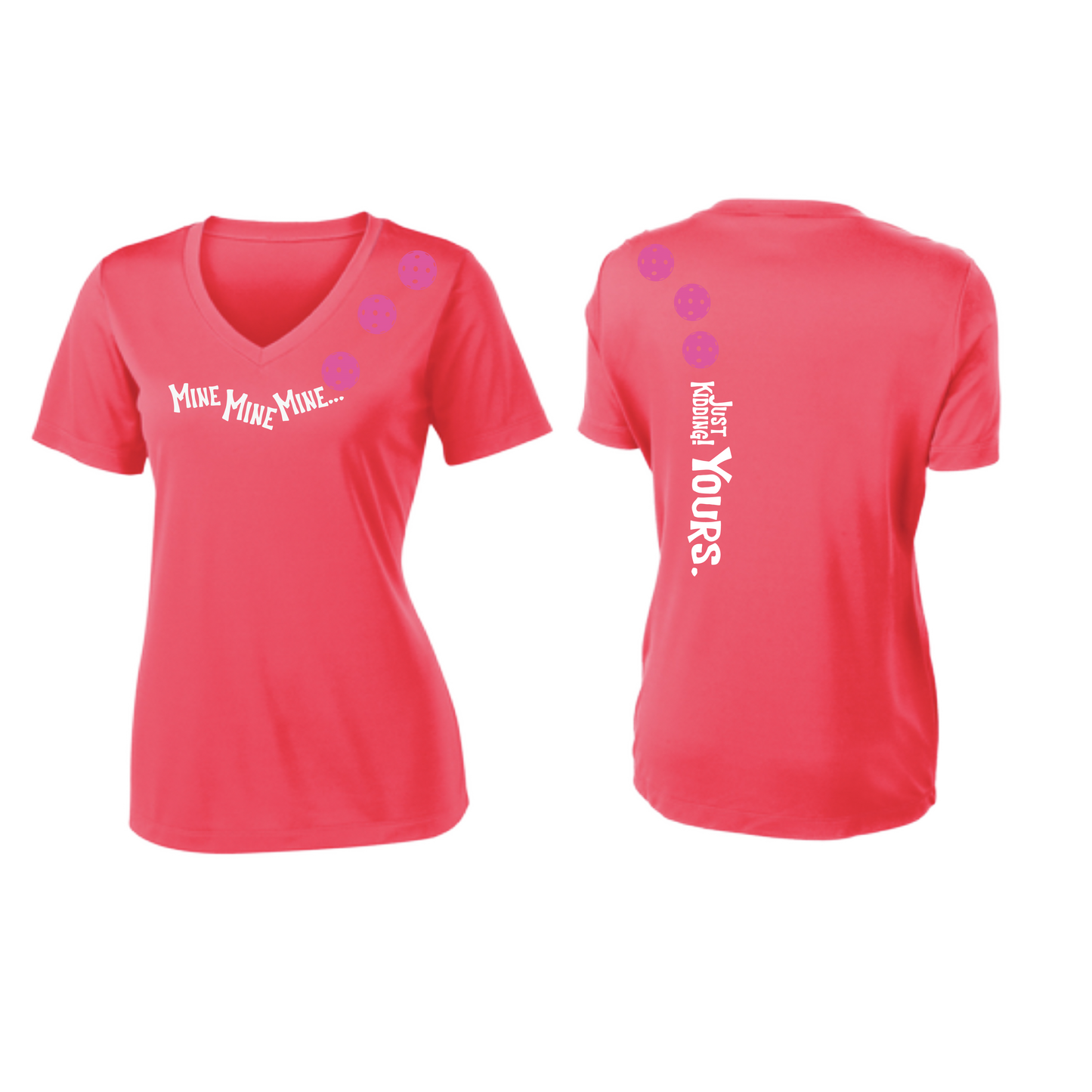 Mine JK Yours (Pickleballs Pink Purple Rainbow) | Women's Short Sleeve V-Neck Pickleball Shirts | 100% Polyester