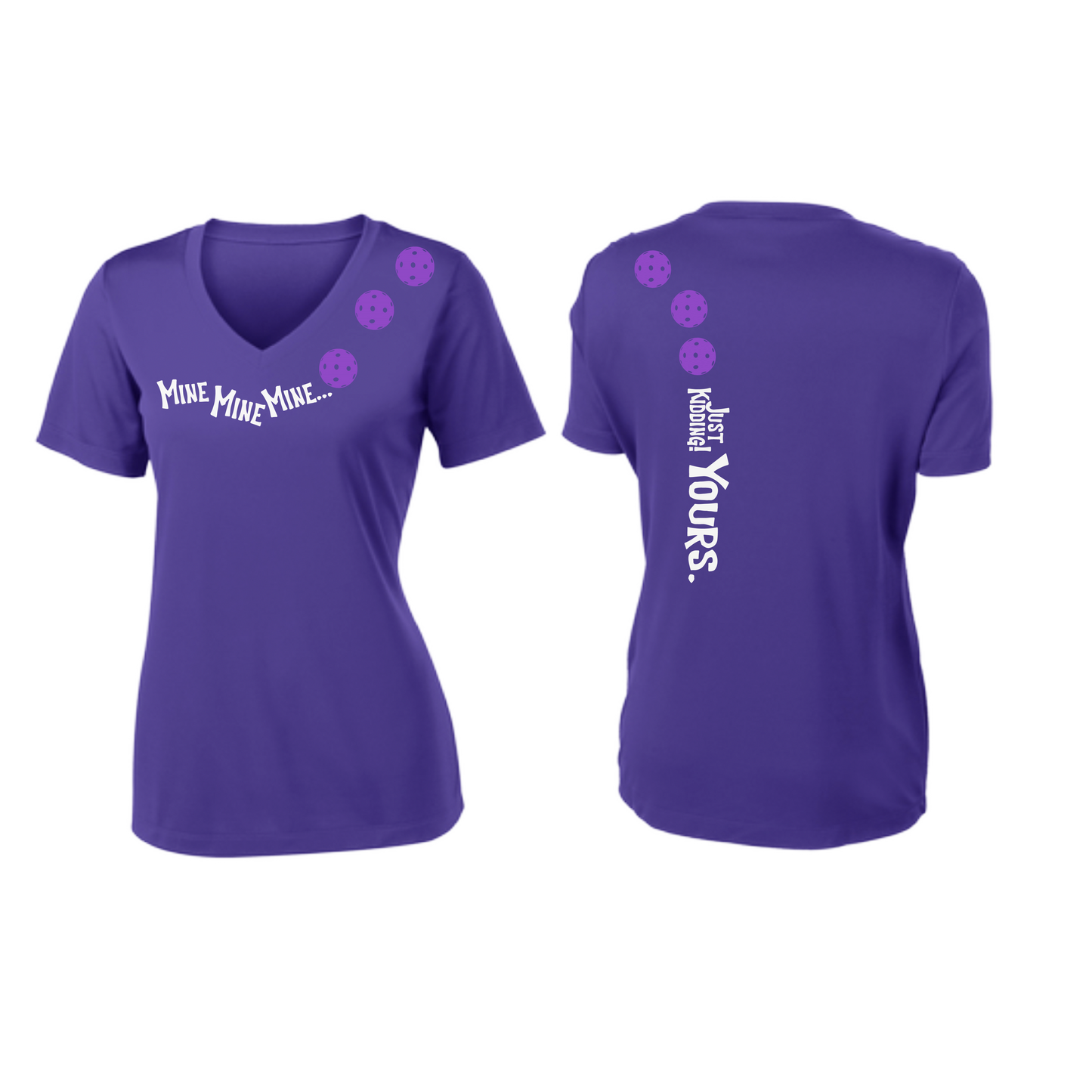 Mine JK Yours (Pickleballs Pink Purple Rainbow) | Women's Short Sleeve V-Neck Pickleball Shirts | 100% Polyester