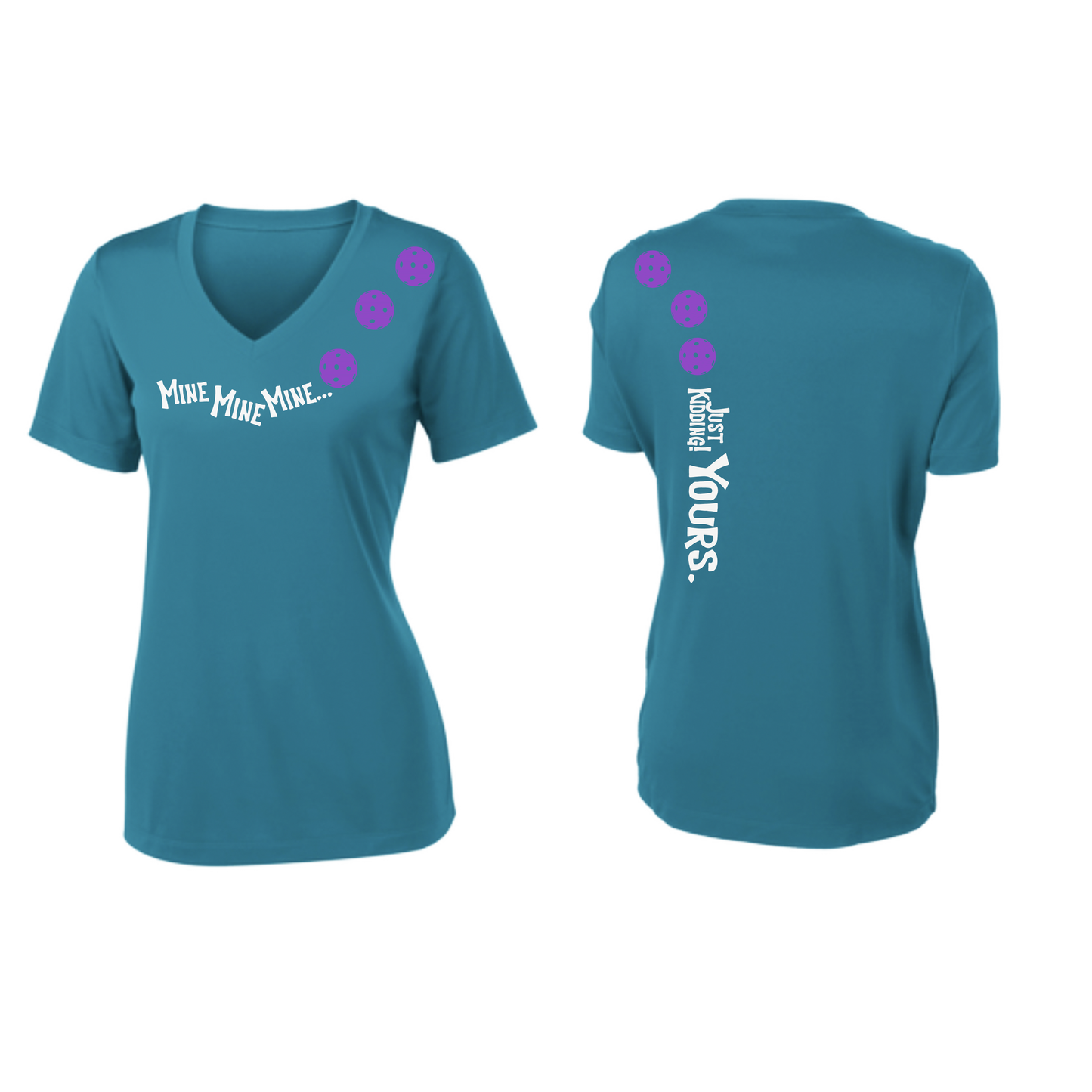 Mine JK Yours (Pickleballs Pink Purple Rainbow) | Women's Short Sleeve V-Neck Pickleball Shirts | 100% Polyester