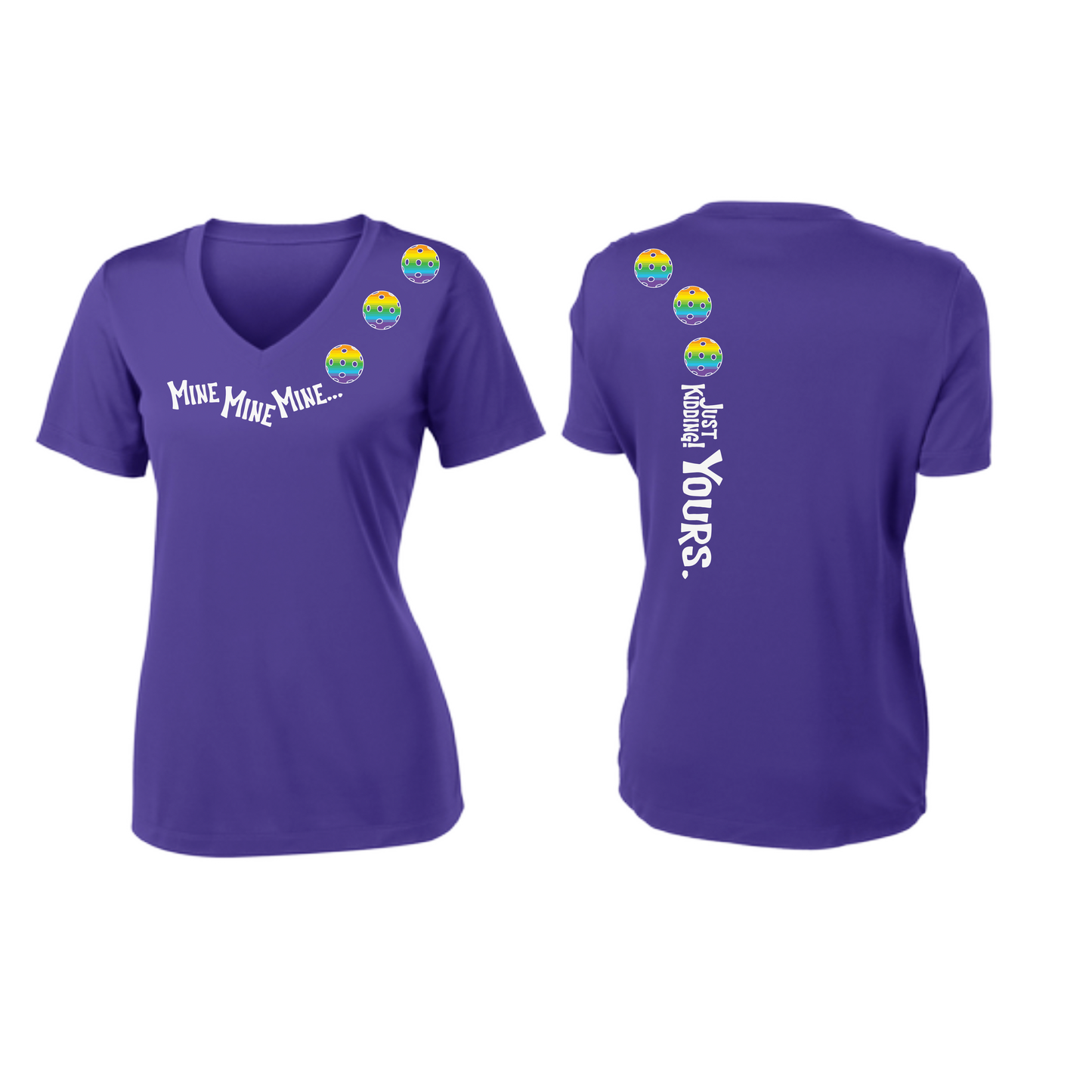 Mine JK Yours (Pickleballs Pink Purple Rainbow) | Women's Short Sleeve V-Neck Pickleball Shirts | 100% Polyester