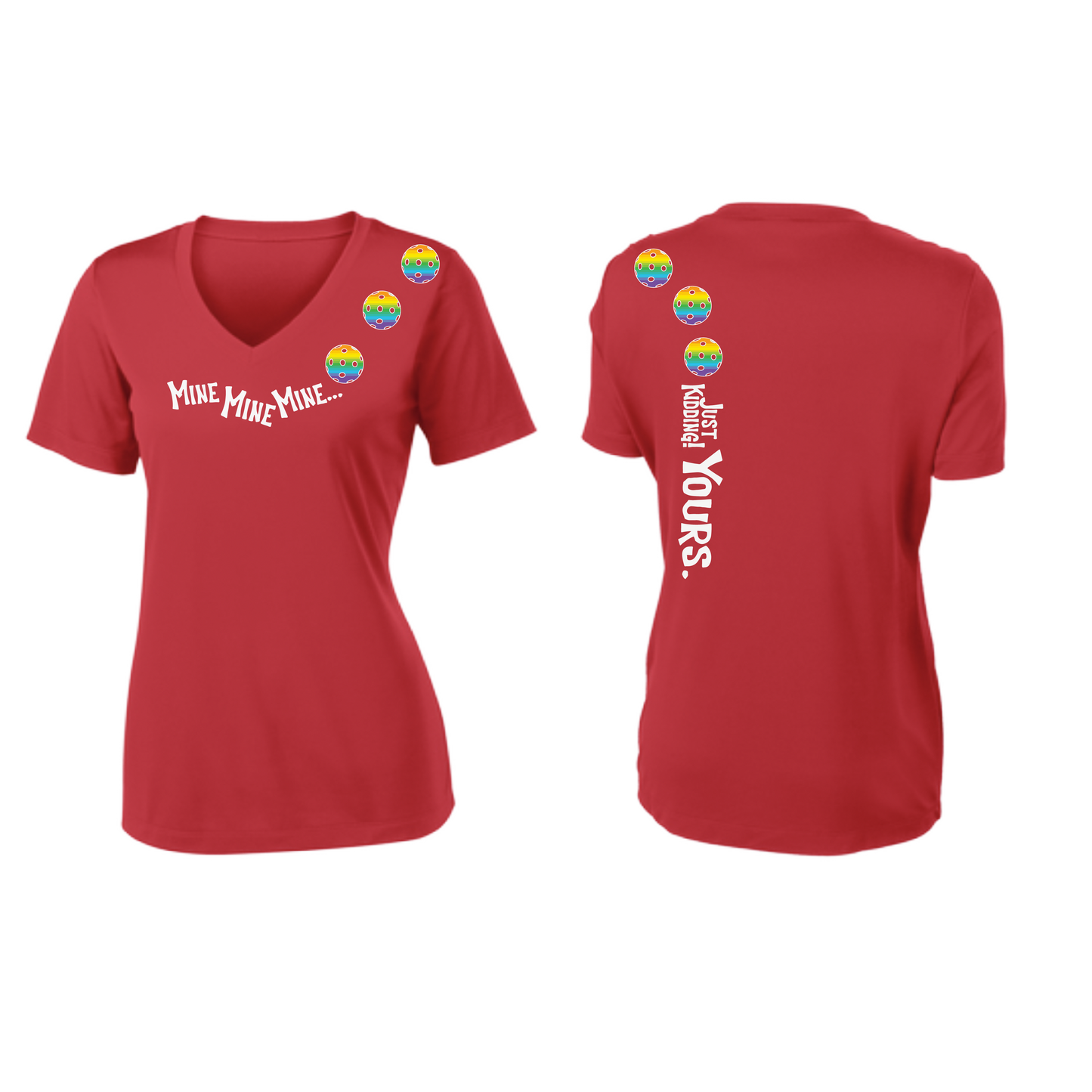 Mine JK Yours (Pickleballs Pink Purple Rainbow) | Women's Short Sleeve V-Neck Pickleball Shirts | 100% Polyester