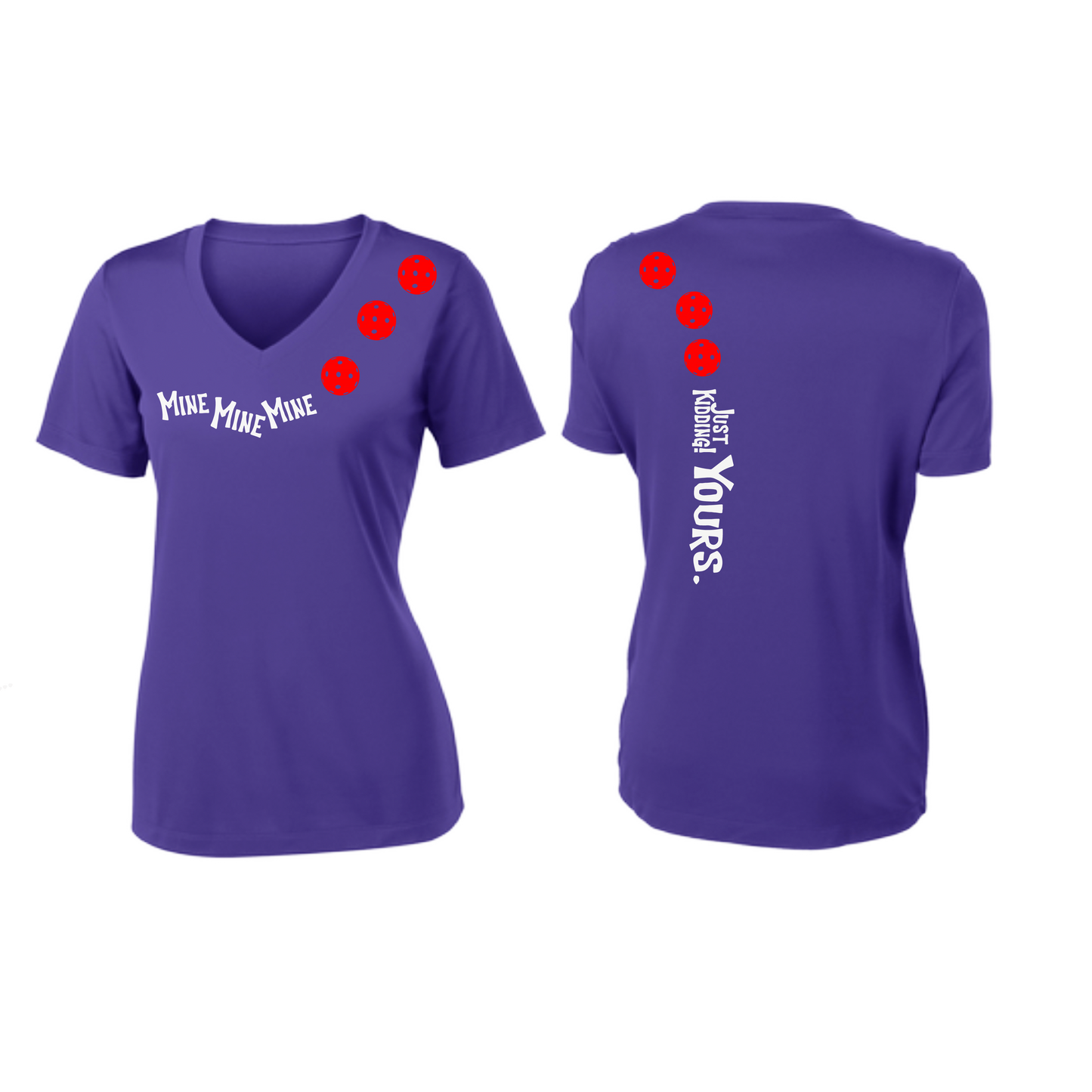 Mine JK Yours (Pickleballs Red White Yellow) | Women's Short Sleeve V-Neck Pickleball Shirts | 100% Polyester