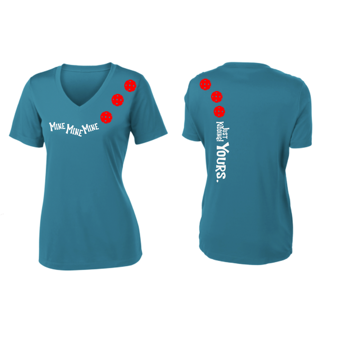 Mine JK Yours (Pickleballs Red White Yellow) | Women's Short Sleeve V-Neck Pickleball Shirts | 100% Polyester