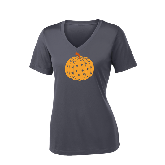 Pumpkin Pickleball | Women's Short Sleeve V-Neck Pickleball Shirts | 100% Polyester