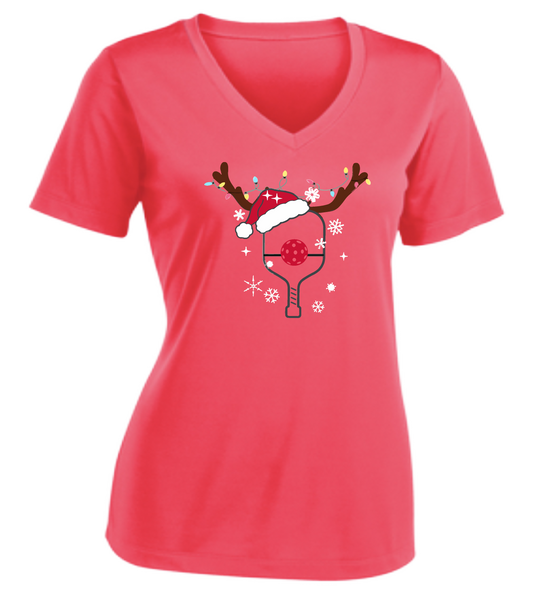 Rudolph The Pickling Reindeer Paddle | Women's Short Sleeve V-Neck Pickleball Shirts | 100% Polyester