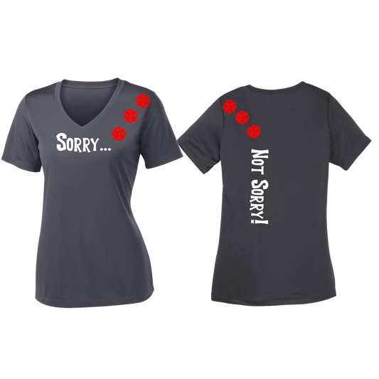 Sorry Not Sorry (Pickleballs Red White Yellow) | Women's Short Sleeve V-Neck Pickleball Shirts | 100% Polyester