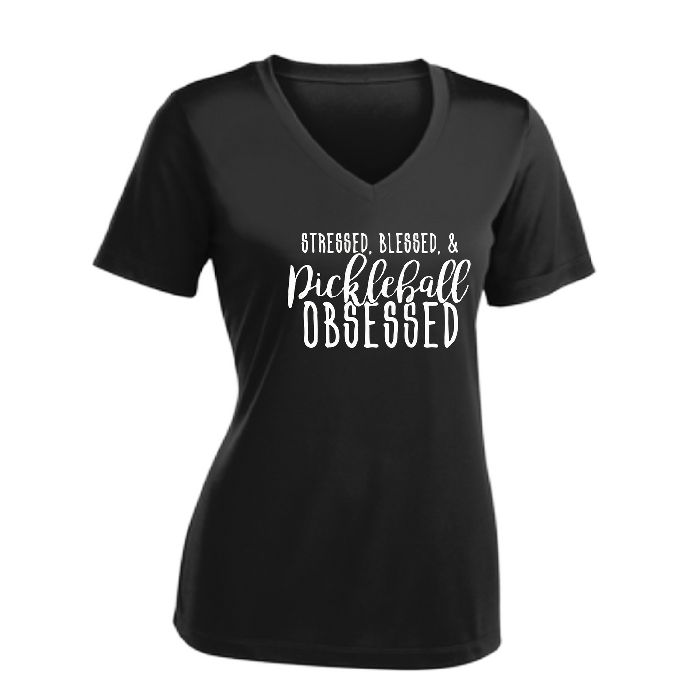 Stressed Blessed & Pickleball Obsessed | Women's Short Sleeve V-Neck Pickleball Shirts | 100% Polyester