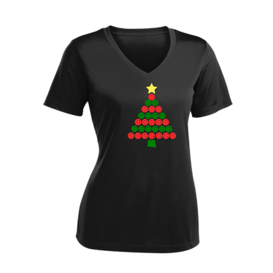 Christmas Tree | Women's Short Sleeve V-Neck Pickleball Shirts | 100% Polyester