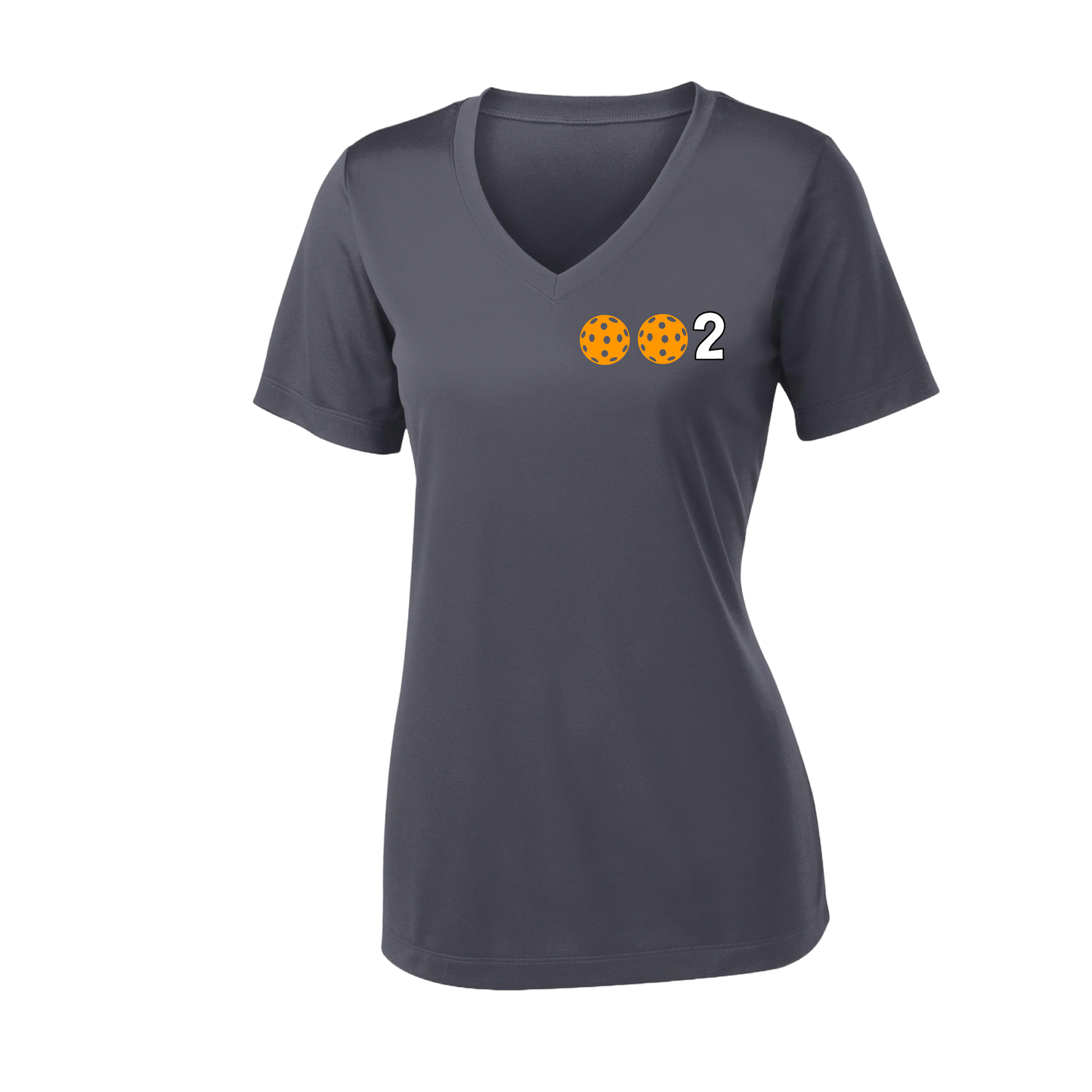 002 With Pickleballs (Colors Purple Green Orange) Customizable | Women's Short Sleeve V-Neck Pickleball Shirts | 100% Polyester