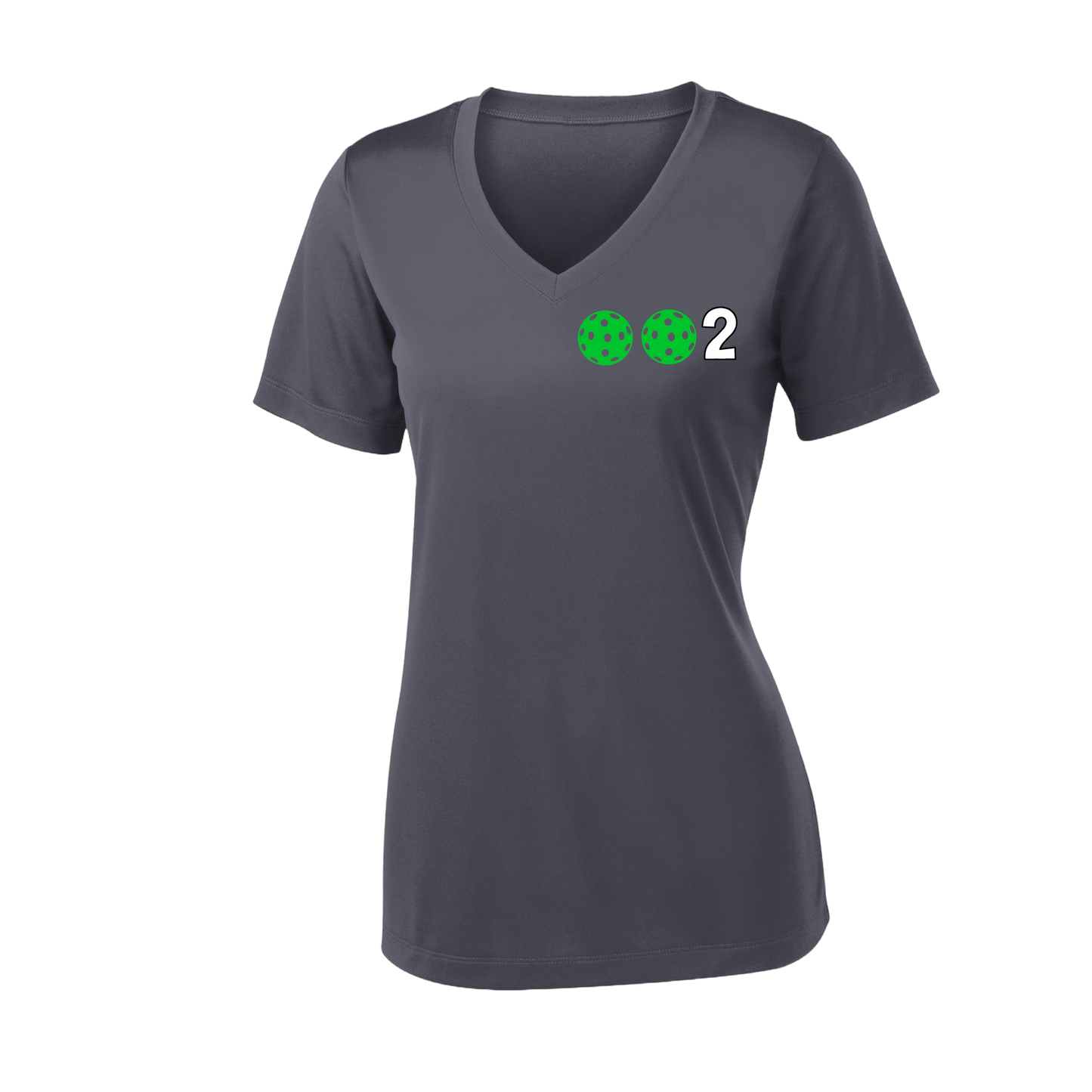 002 With Pickleballs (Colors Purple Green Orange) Customizable | Women's Short Sleeve V-Neck Pickleball Shirts | 100% Polyester