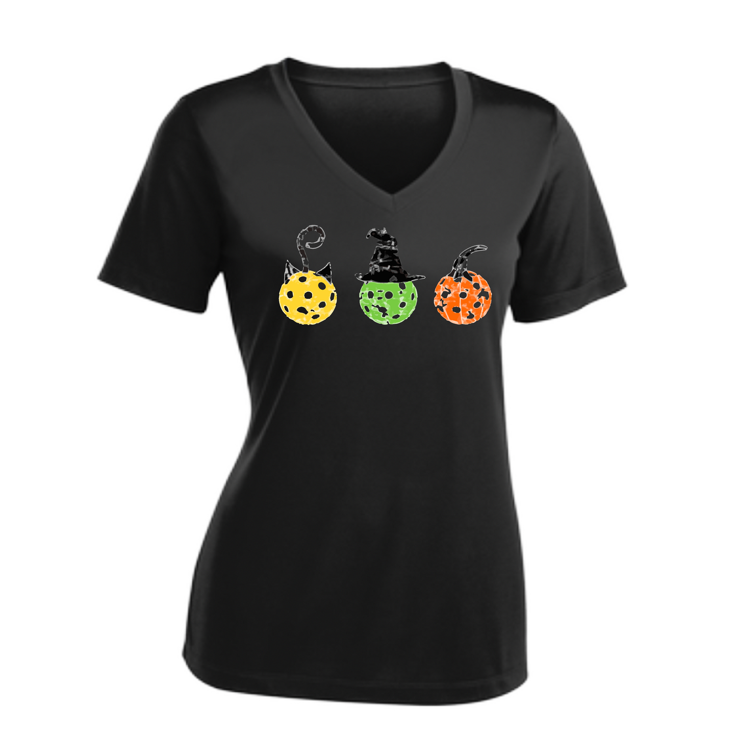 Cat Witch Pumpkin  | Women's Short Sleeve V-Neck Pickleball Shirts | 100% Polyester