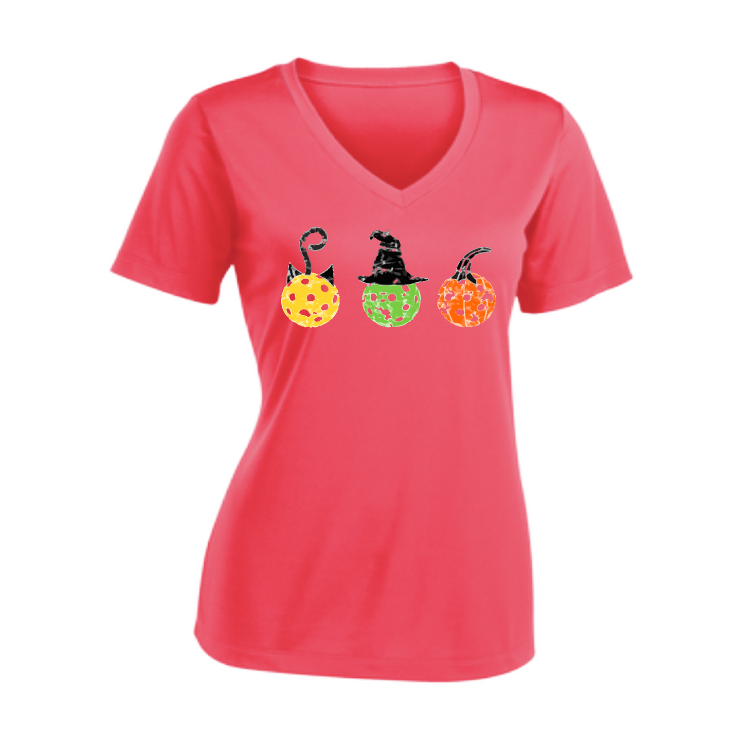 Cat Witch Pumpkin  | Women's Short Sleeve V-Neck Pickleball Shirts | 100% Polyester