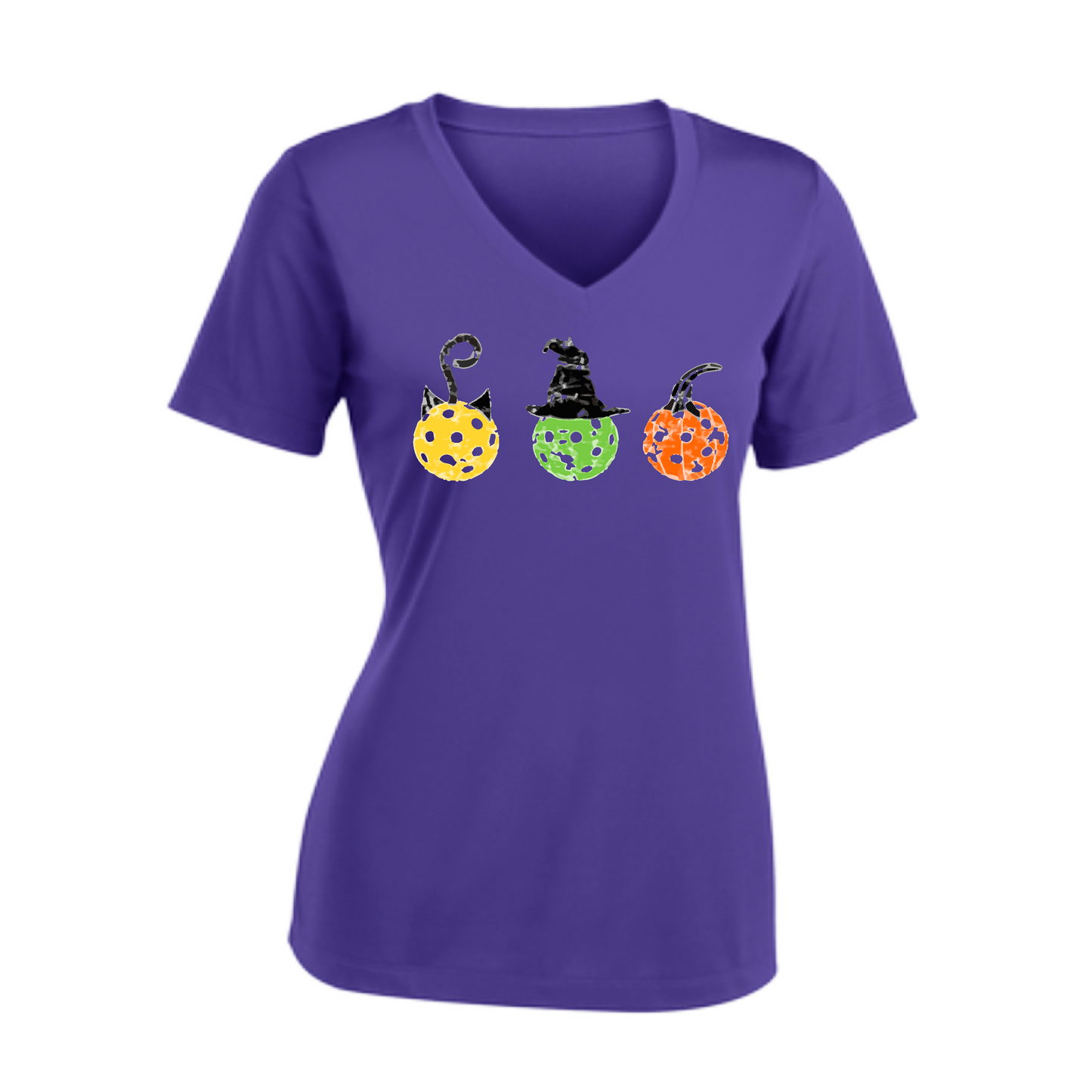 Cat Witch Pumpkin  | Women's Short Sleeve V-Neck Pickleball Shirts | 100% Polyester