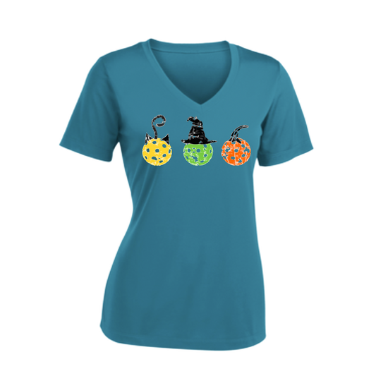 Cat Witch Pumpkin  | Women's Short Sleeve V-Neck Pickleball Shirts | 100% Polyester