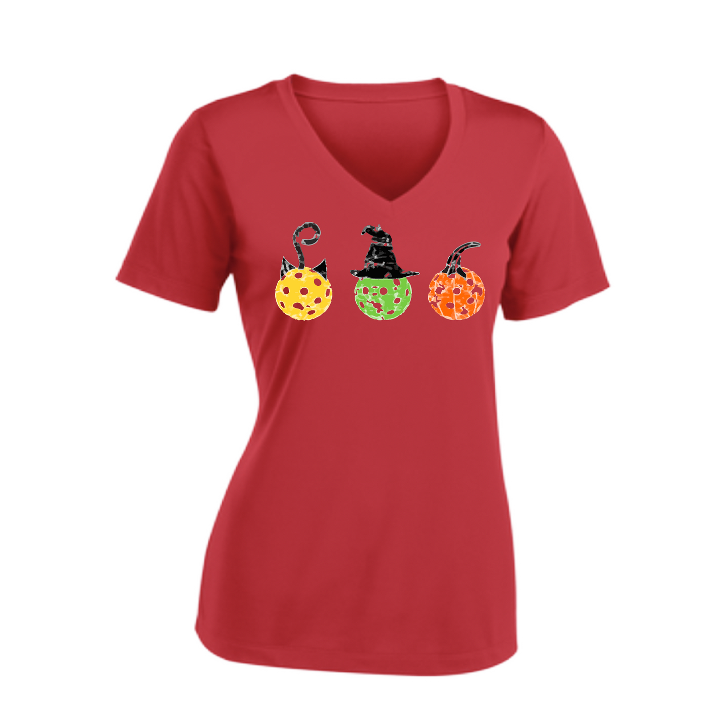 Cat Witch Pumpkin  | Women's Short Sleeve V-Neck Pickleball Shirts | 100% Polyester