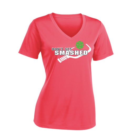 Don't Get Smashed Customizable Pickleballs (Red Green Rainbow) | Women's Short Sleeve V-Neck Pickleball Shirts | 100% Polyester