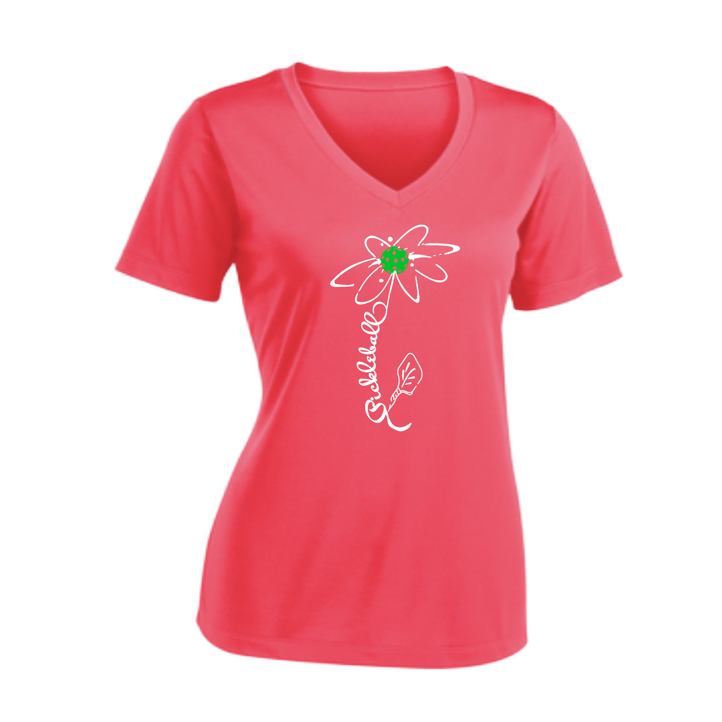 Pickleball Flower (Yellow, Cyan or Green) | Women's Short Sleeve V-Neck Pickleball Shirts | 100% Polyester