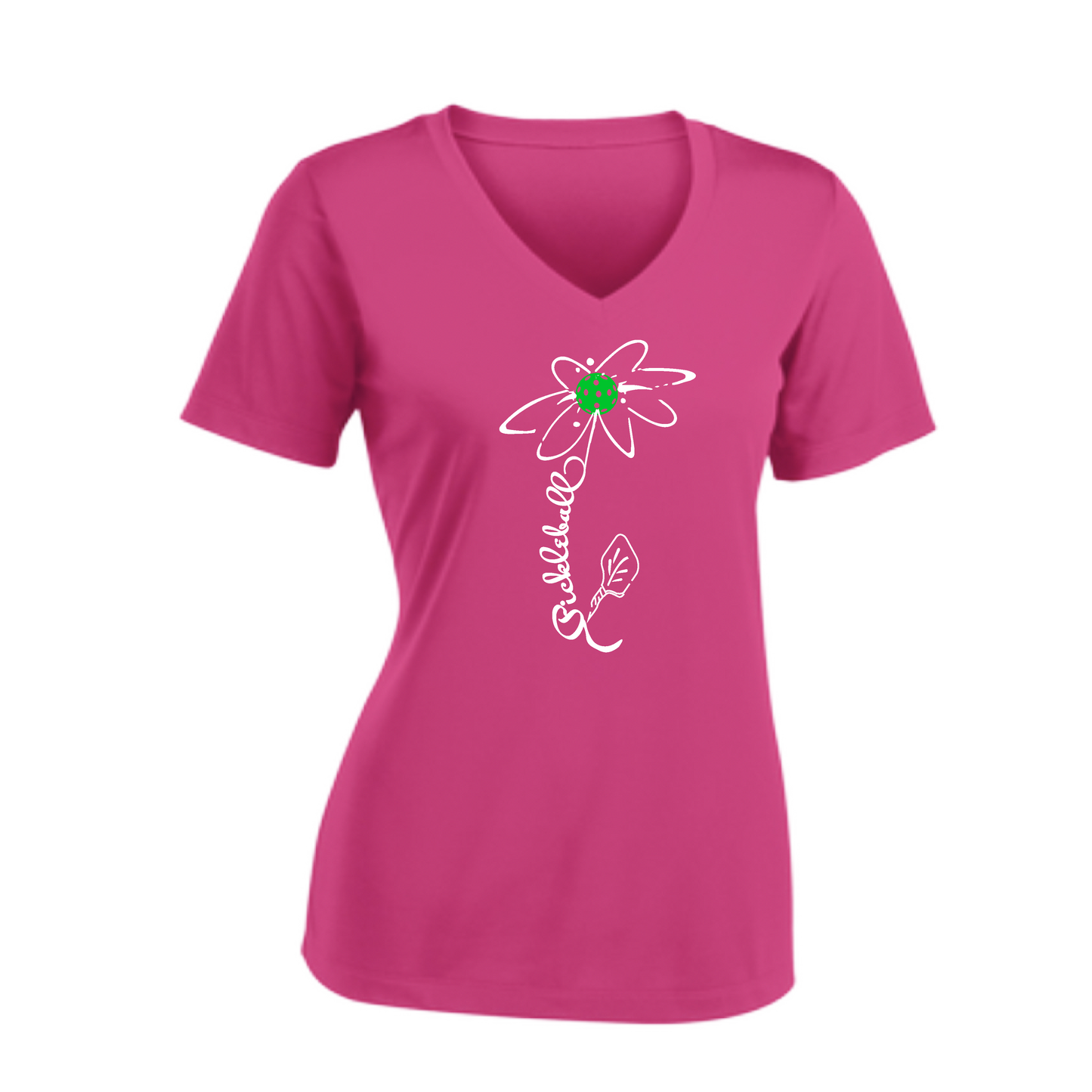 Pickleball Flower (Yellow, Cyan or Green) | Women's Short Sleeve V-Neck Pickleball Shirts | 100% Polyester