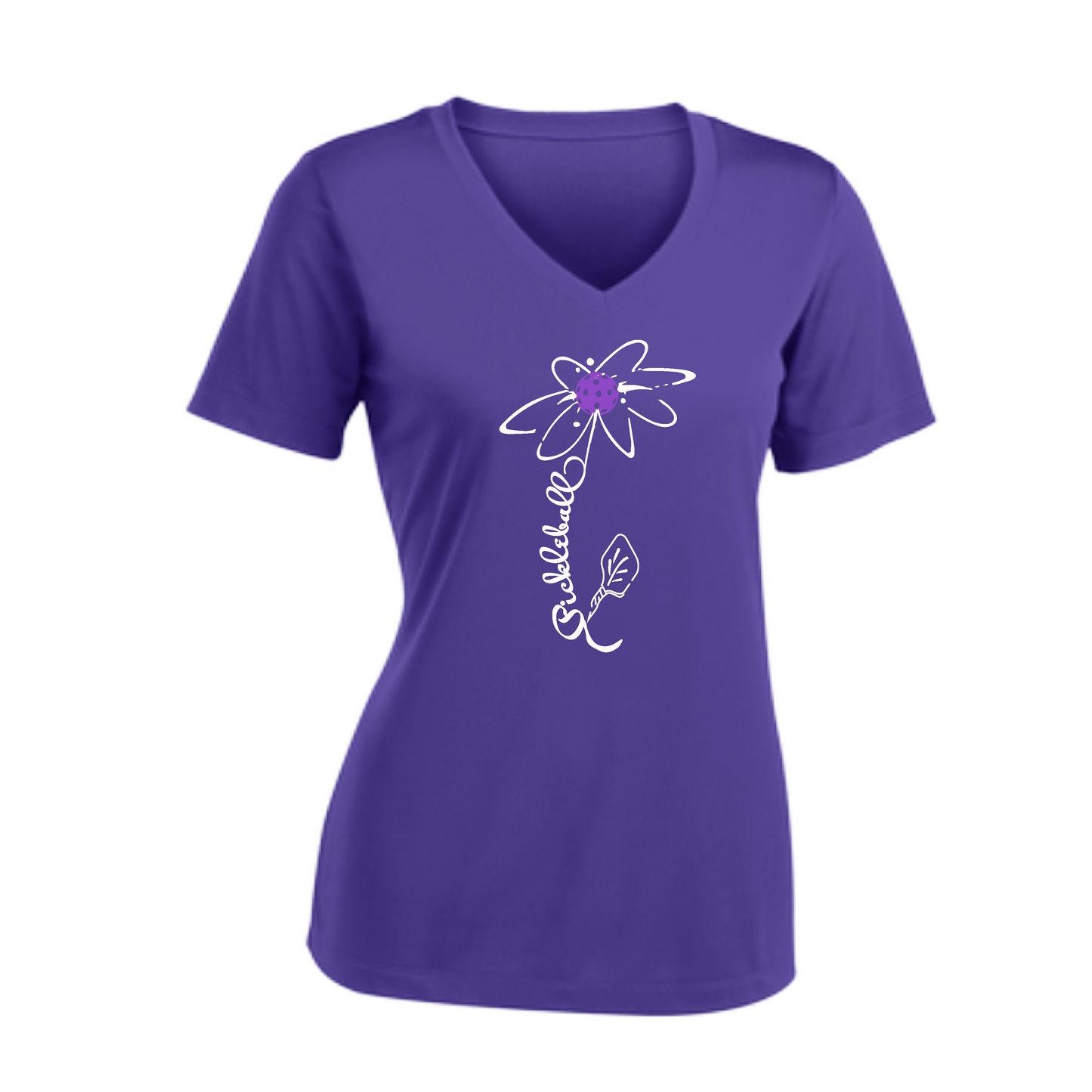 Pickleball Flower (Pink Purple Rainbow) | Women's Short Sleeve V-Neck Pickleball Shirts | 100% Polyester