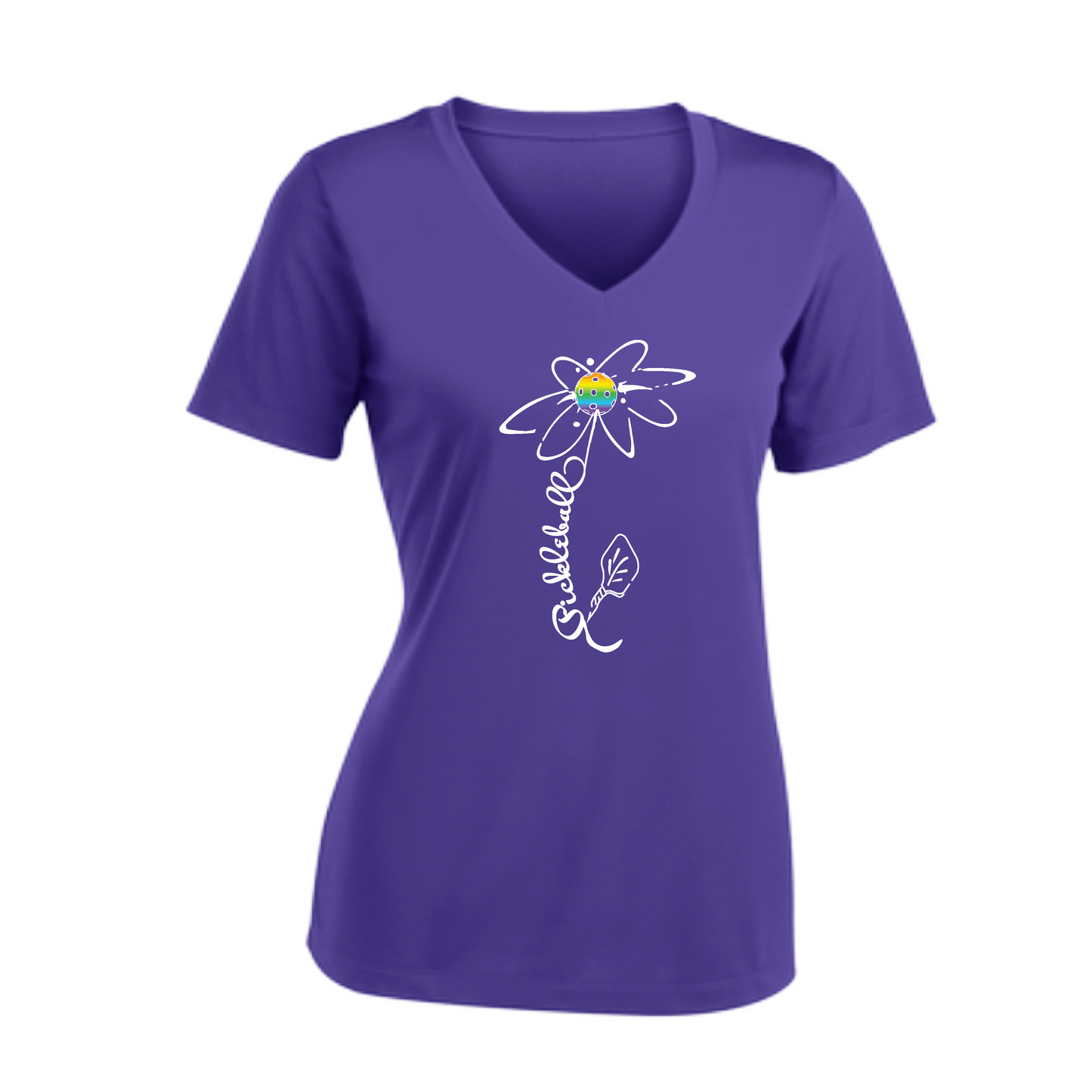 Pickleball Flower (Pink Purple Rainbow) | Women's Short Sleeve V-Neck Pickleball Shirts | 100% Polyester