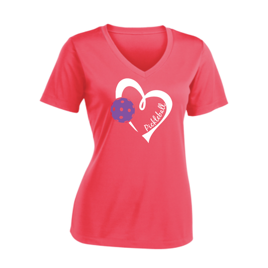 Pickleball Love (Purple) | Women's Short Sleeve V-Neck Pickleball Shirts | 100% Polyester