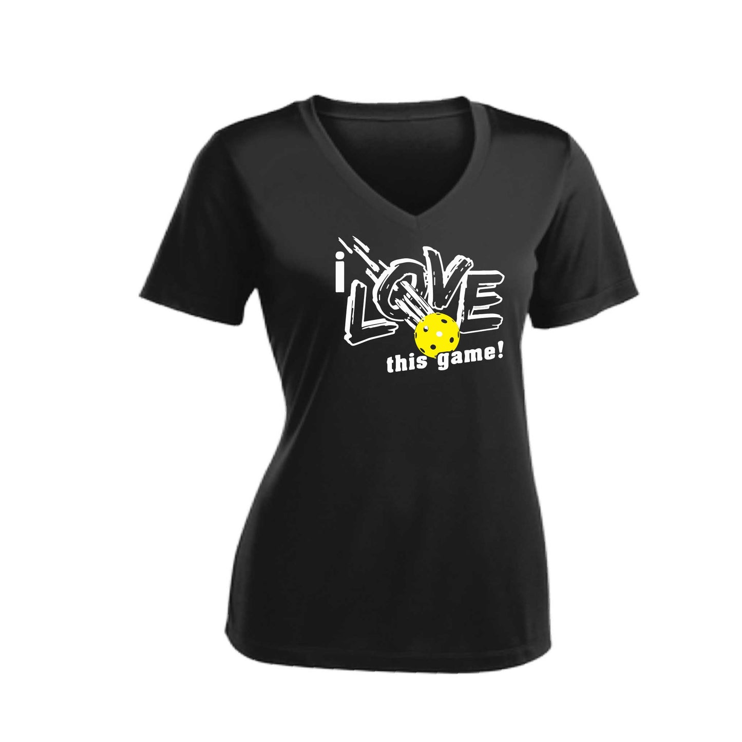 I Love This Game | Women's Short Sleeve V-Neck Pickleball Performance T-Shirts | 100% Polyester