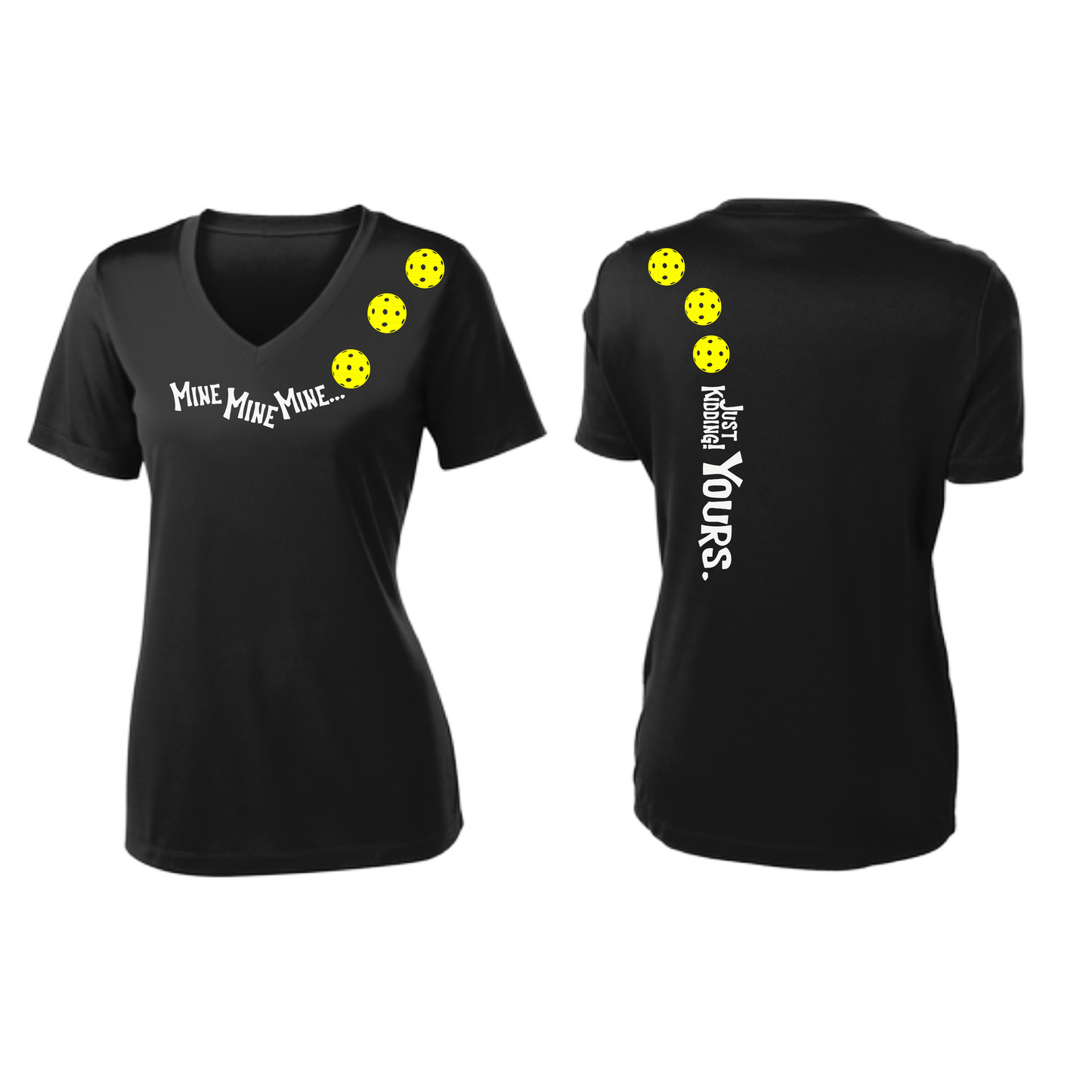 Mine JK Yours (Pickleball Colors Orange Yellow or Red) | Women's Short Sleeve V-Neck Pickleball Shirts | 100% Polyester