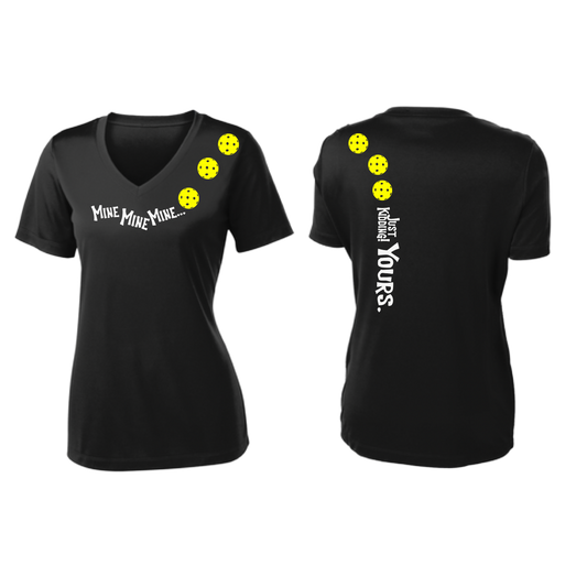 Mine JK Yours (Pickleballs Red White Yellow) | Women's Short Sleeve V-Neck Pickleball Shirts | 100% Polyester