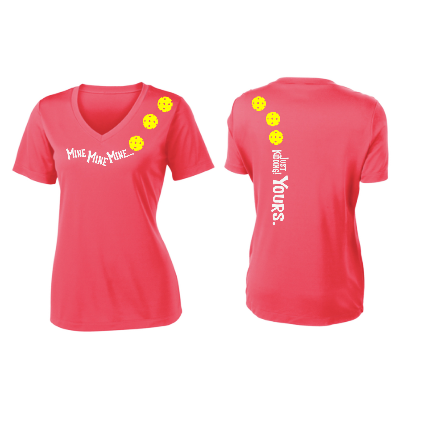 Mine JK Yours (Pickleballs Red White Yellow) | Women's Short Sleeve V-Neck Pickleball Shirts | 100% Polyester