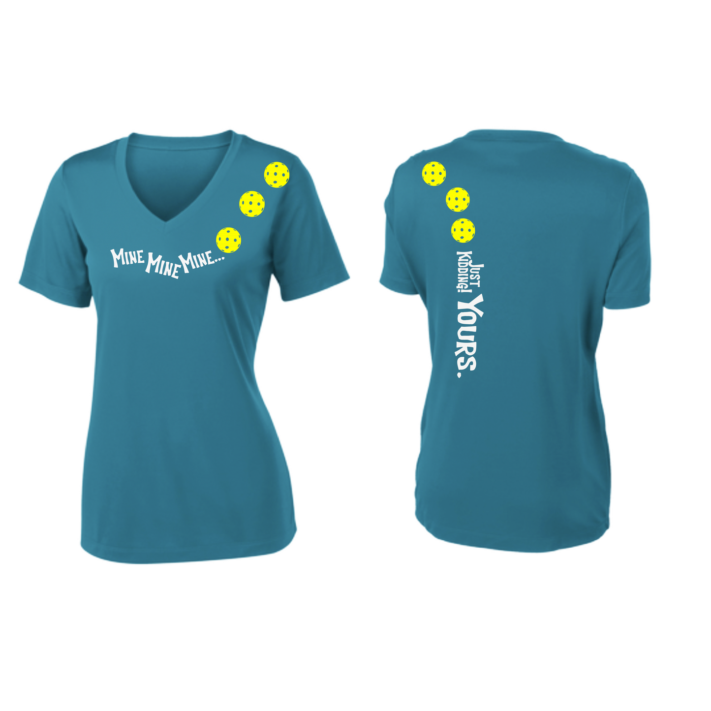 Mine JK Yours (Pickleballs Red White Yellow) | Women's Short Sleeve V-Neck Pickleball Shirts | 100% Polyester