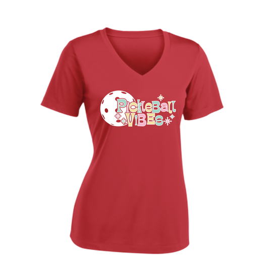 Pickleball Vibes | Women's Short Sleeve V-Neck Pickleball Shirts | 100% Polyester