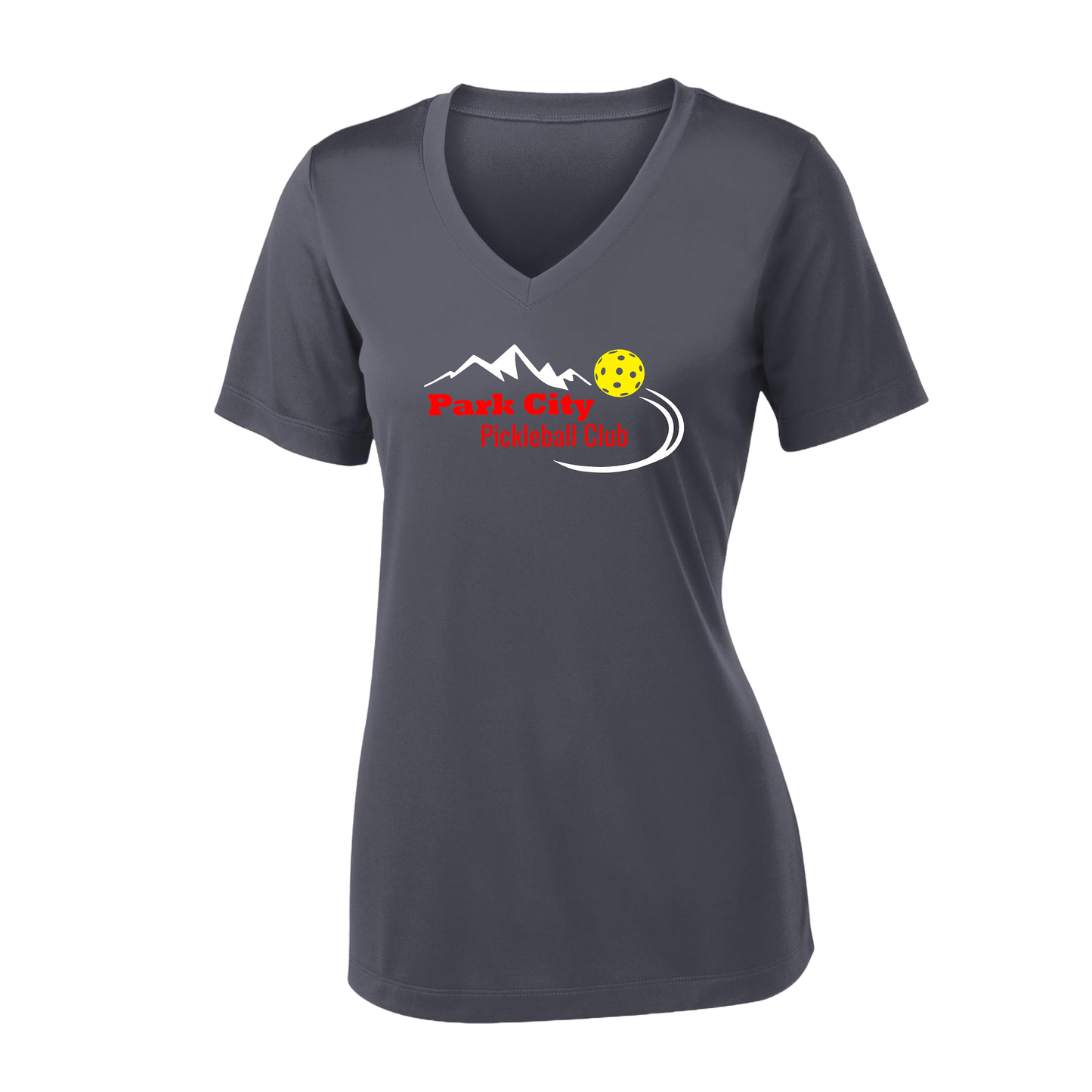 Park City Pickleball Club (Red Words) Customizable | Women's Short Sleeve V-Neck Pickleball Shirts | 100% Polyester