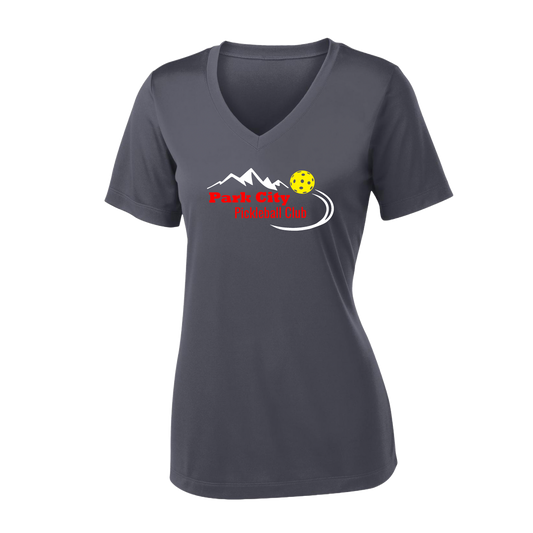 Park City Pickleball Club (Red Words) Customizable | Women's Short Sleeve V-Neck Pickleball Shirts | 100% Polyester