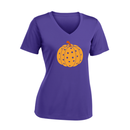 Pumpkin Pickleball | Women's Short Sleeve V-Neck Pickleball Shirts | 100% Polyester