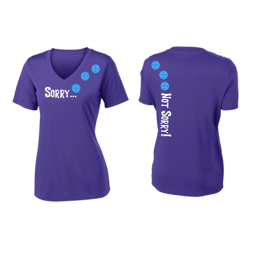 Sorry Not Sorry (Pickleballs Cyan Green Orange) | Women's Short Sleeve V-Neck Pickleball Shirts | 100% Polyester