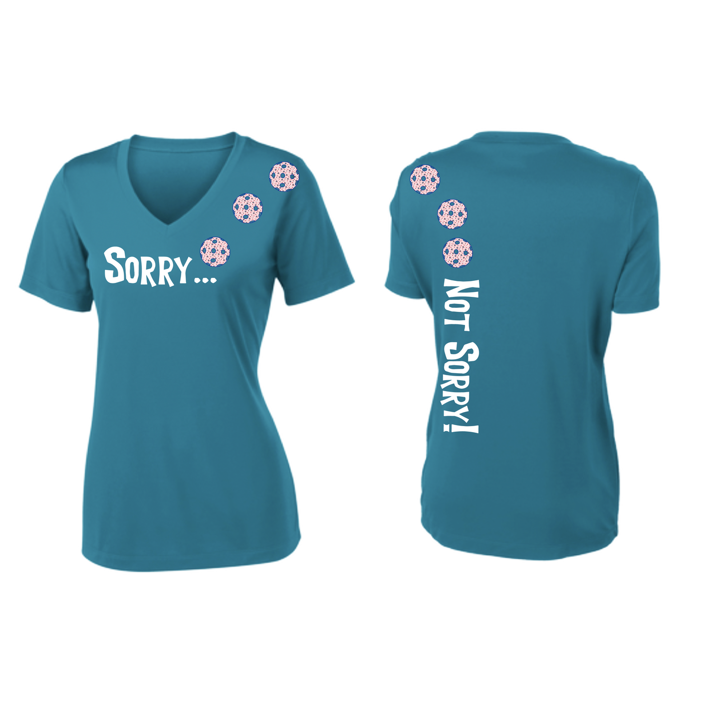 Sorry Not Sorry (Pickleballs With Stars) | Women's Short Sleeve V-Neck Pickleball Shirts | 100% Polyester