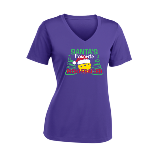 Santa's Favorite Pickleballer | Women's Short Sleeve V-Neck Pickleball Shirts | 100% Polyester