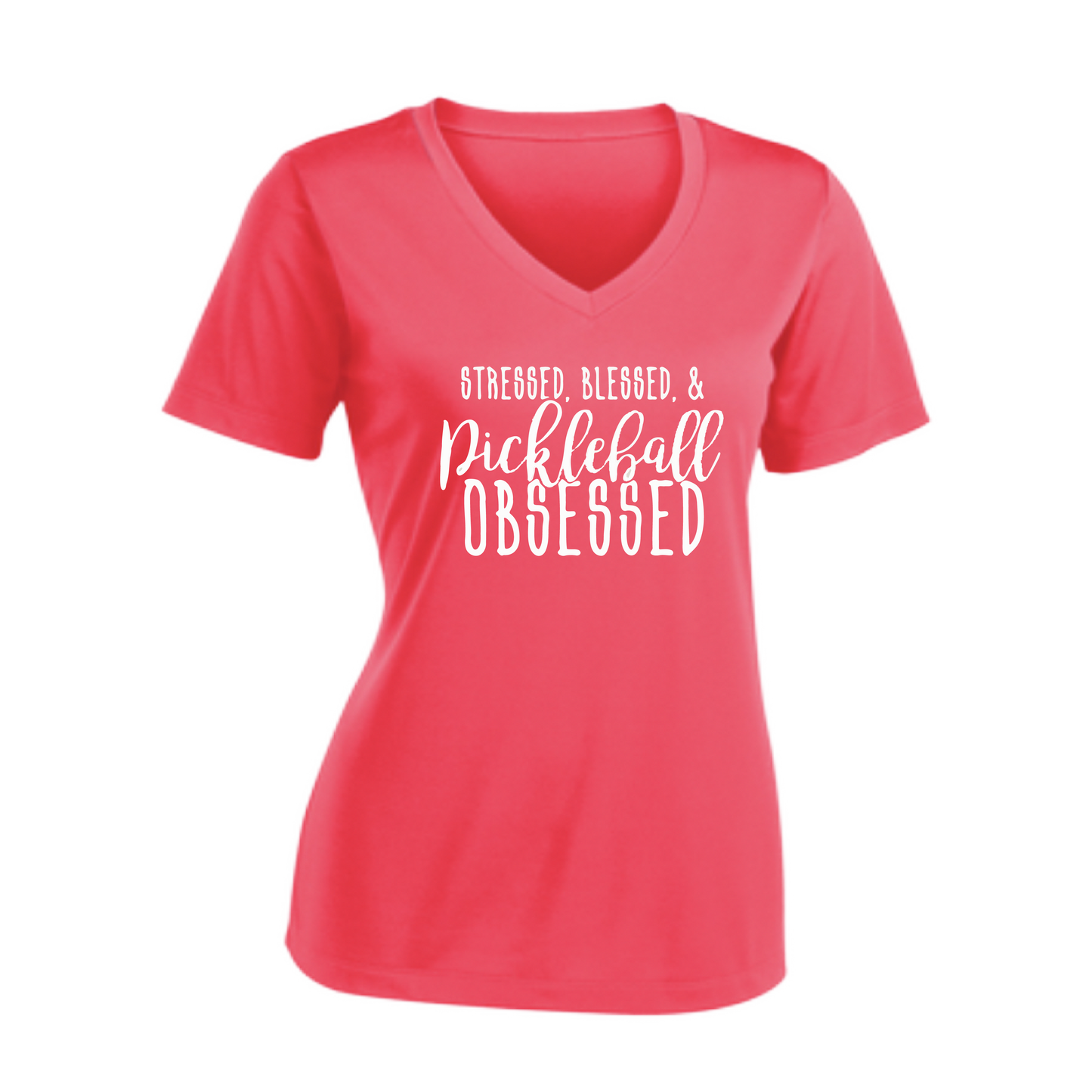 Stressed Blessed & Pickleball Obsessed | Women's Short Sleeve V-Neck Pickleball Shirts | 100% Polyester