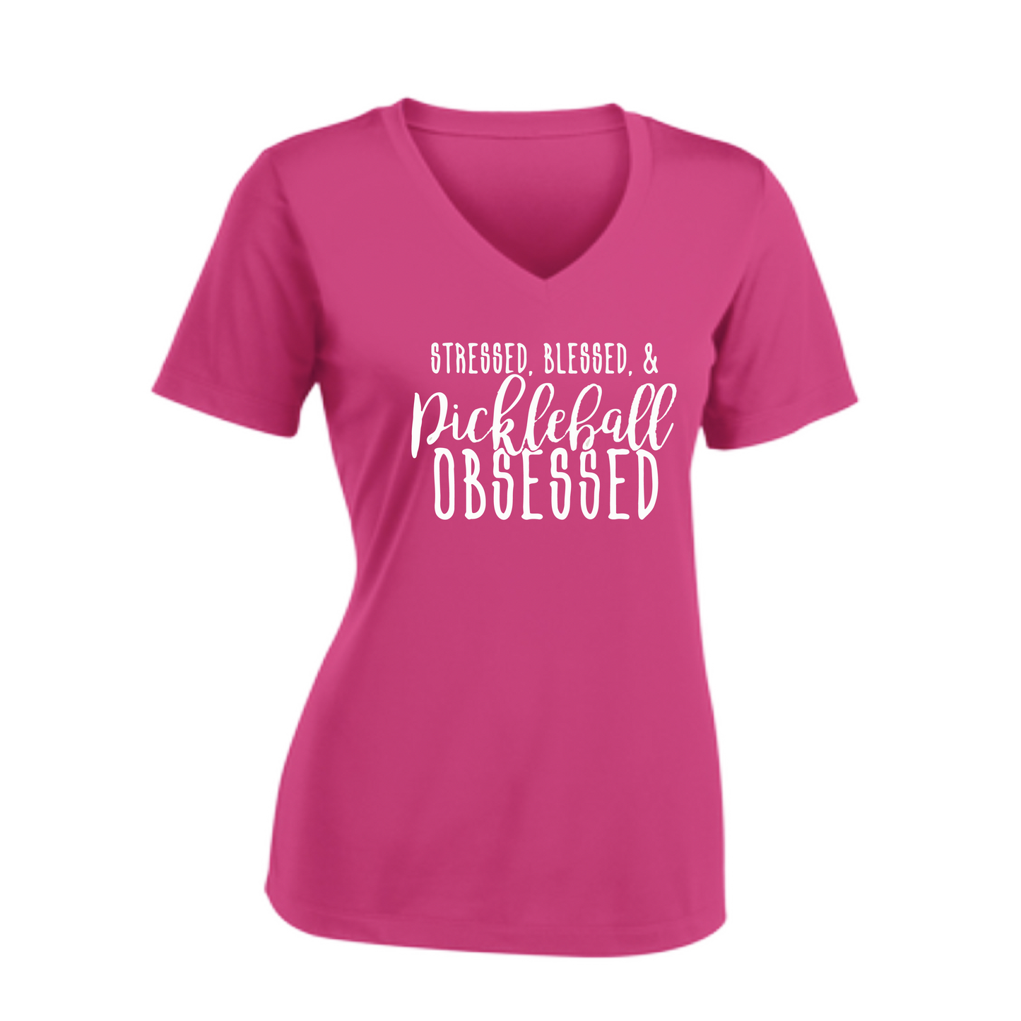 Stressed Blessed & Pickleball Obsessed | Women's Short Sleeve V-Neck Pickleball Shirts | 100% Polyester